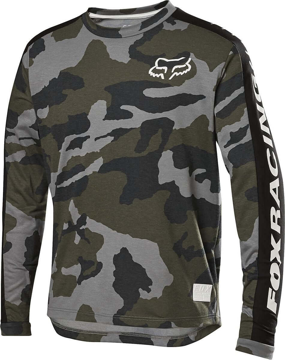 Youth long-sleeve camo jersey in dark green/gray with Fox head logo, black sleeve trim