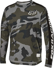 Youth long-sleeve camo jersey in dark green/gray with Fox head logo, black sleeve trim