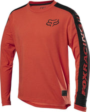 Youth long-sleeve red jersey with Fox head logo and black/gray sleeve stripe