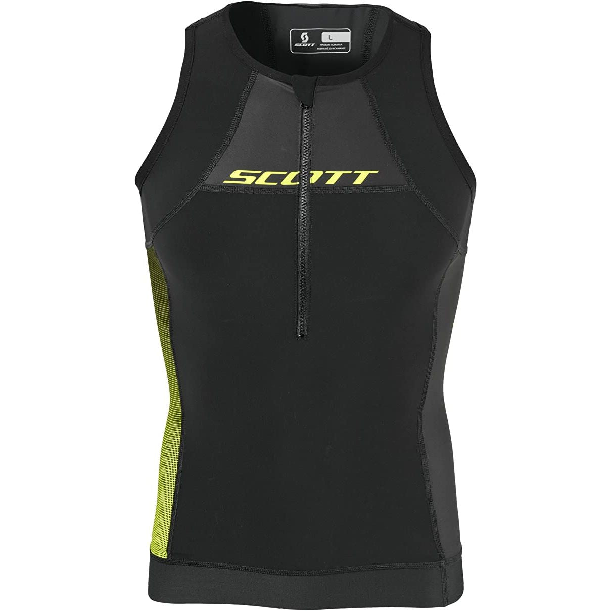 Black sleeveless tank top with front zip and neon yellow side panels