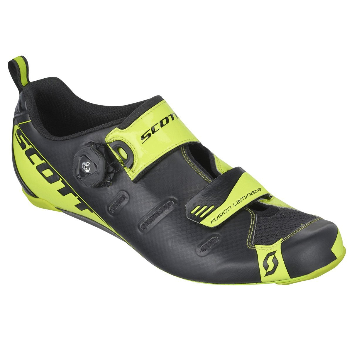 Black and neon yellow triathlon cycling shoe with adjustable straps and logo