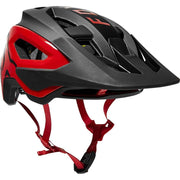 Red-and-black open-face bike helmet with vents and chin strap