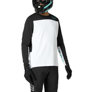 Two-tone long-sleeve cycling jersey: white body, black sleeves, Fox logo.