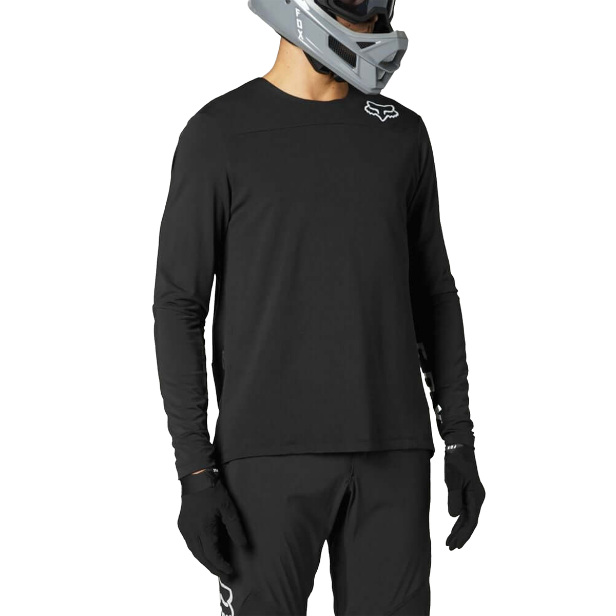 Long-sleeve cycling jersey in black with small Fox logo at chest.