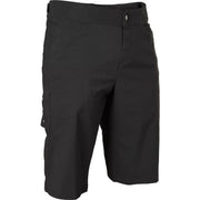 Black utility shorts with belt loops, button closure, and side pockets