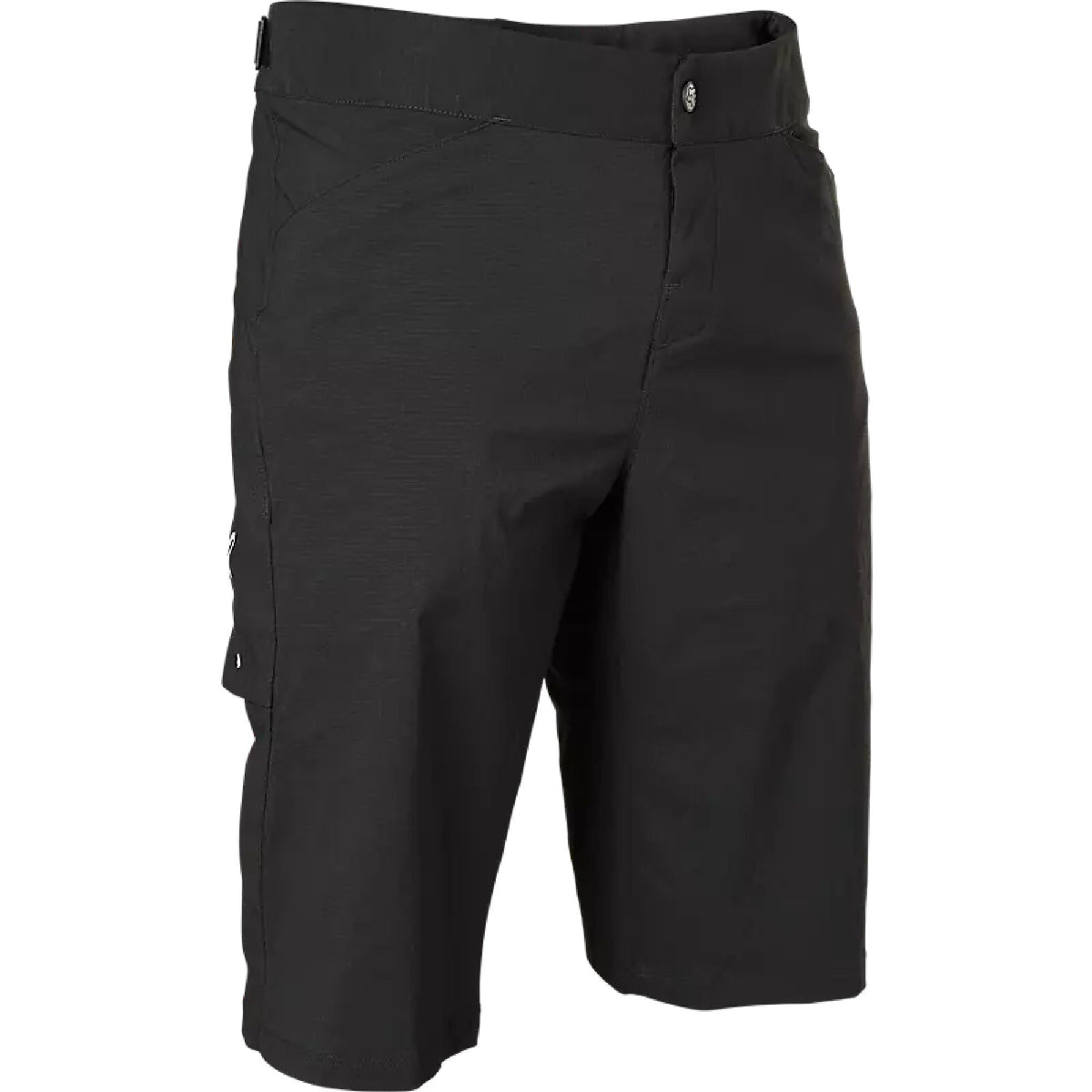 Black utility shorts with belt loops, button closure, and side pockets