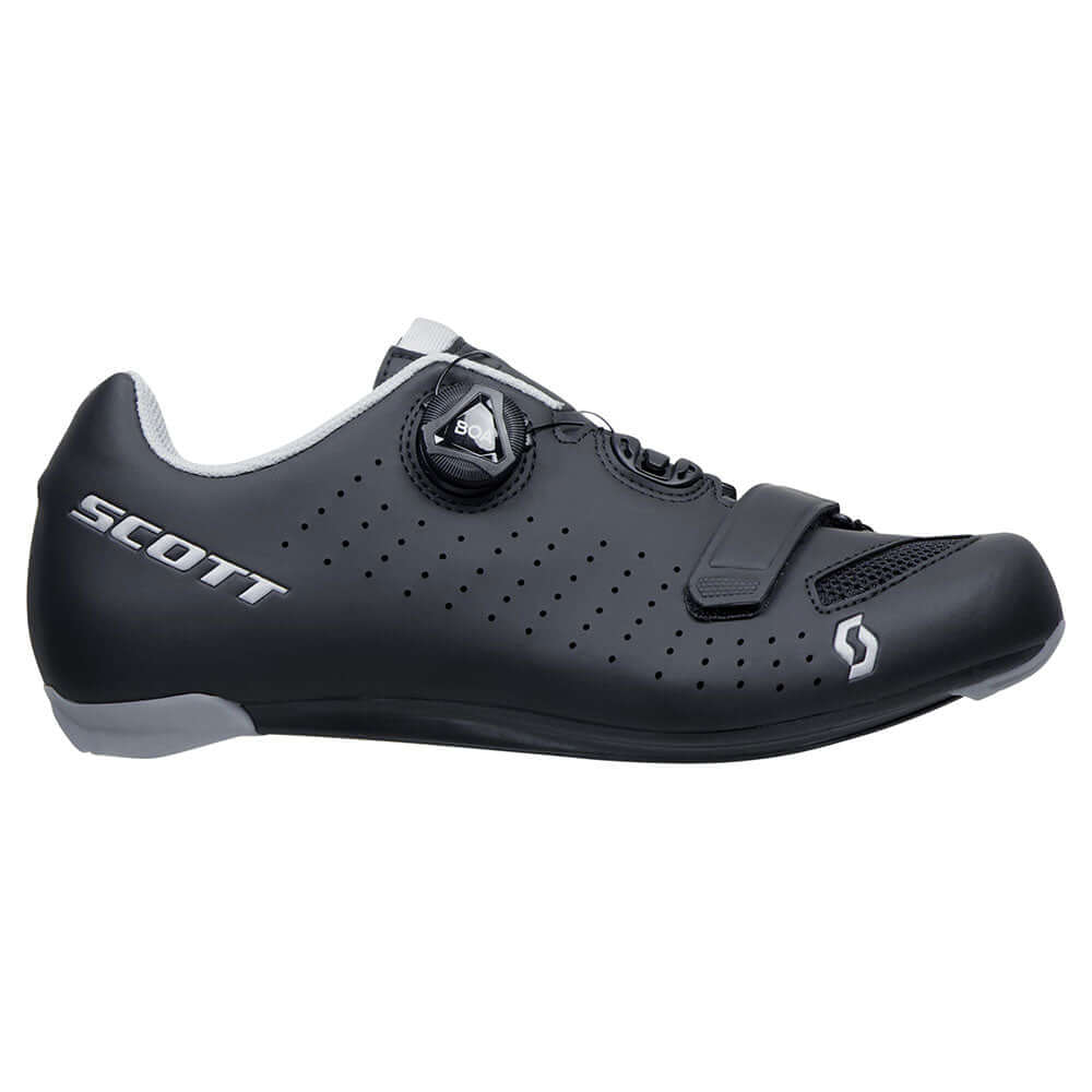 Black BOA cycling shoe with silver logo, perforated toe and dial fastener