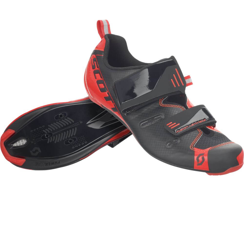 Black triathlon cycling shoe with red accents and adjustable hook-and-loop straps