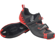 Black triathlon cycling shoe with red accents and adjustable hook-and-loop straps