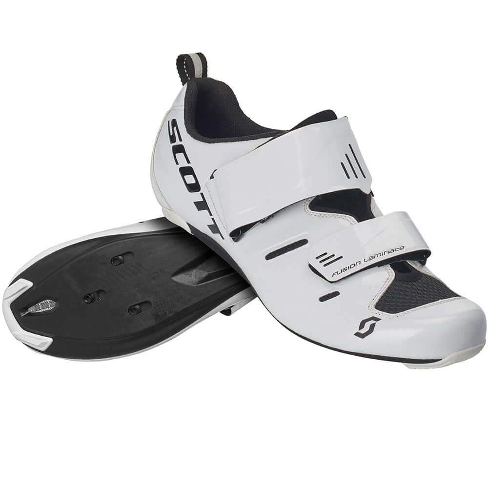 White triathlon cycling shoe with black accents and adjustable hook-and-loop straps