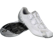 Women’s road cycling shoe in white with silver accents, perforated toe, two buckles