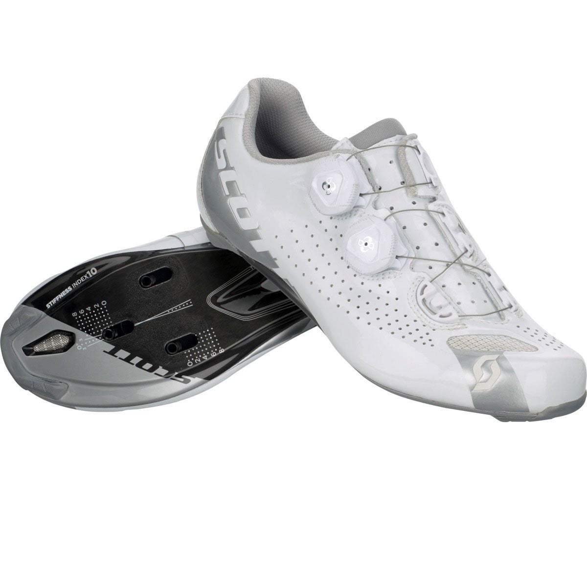 Women’s road cycling shoe in white with silver accents, perforated toe, two buckles