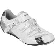 Women’s white road cycling shoe with two hook-and-loop straps and textured sole