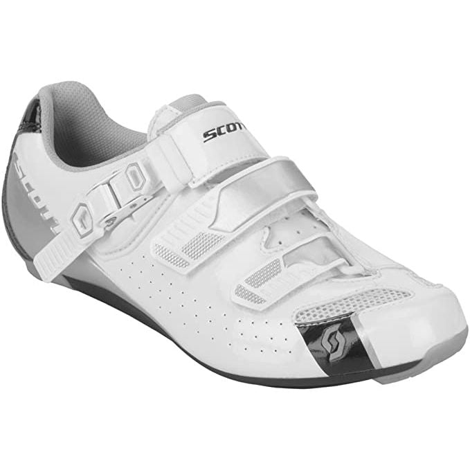 Women’s white road cycling shoe with two hook-and-loop straps and textured sole