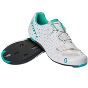 Women’s white BOA road cycling shoe with turquoise accents, dial and textured sole