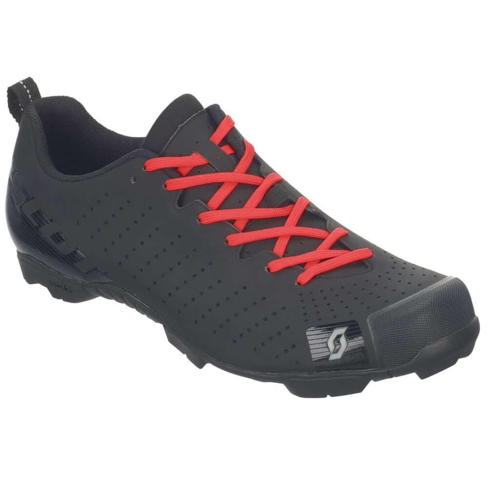 MTB lace-up cycling shoe, dark with red laces and side logo
