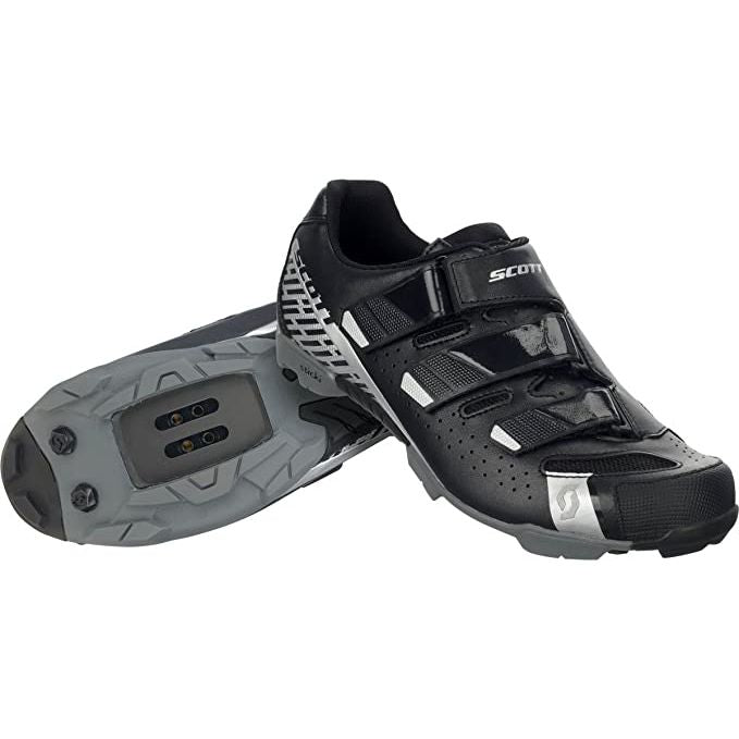 Scott women’s MTB cycling shoes in black with silver accents, dual straps and treaded outsole