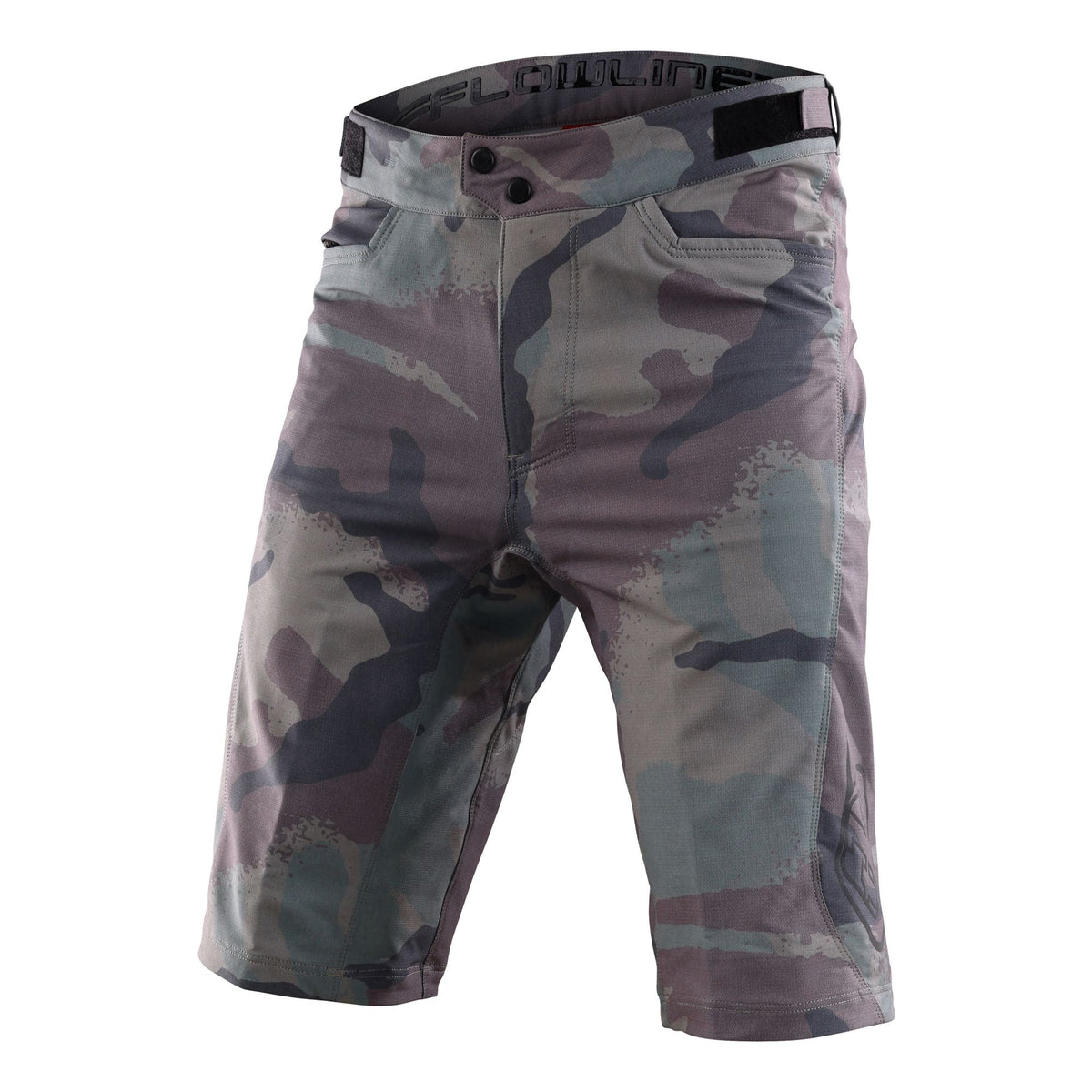 Troy Lee Designs Flowline short shell with woodland camo print, belt loops, logo patch