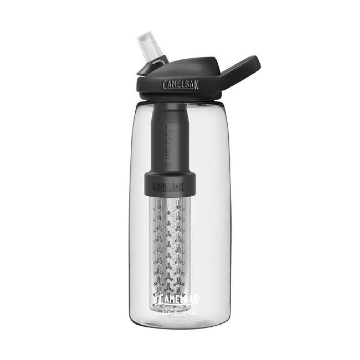CamelBak Eddy+ 32 oz clear filtered water bottle with black flip-top lid
