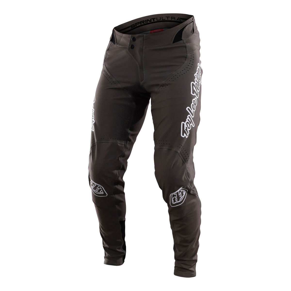 Black motocross pants, Troy Lee Designs Sprint Ultra branding on right leg, articulated knee panels