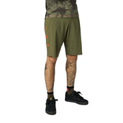 Men's olive green ranger shorts with patterned waistband and side zipper pockets