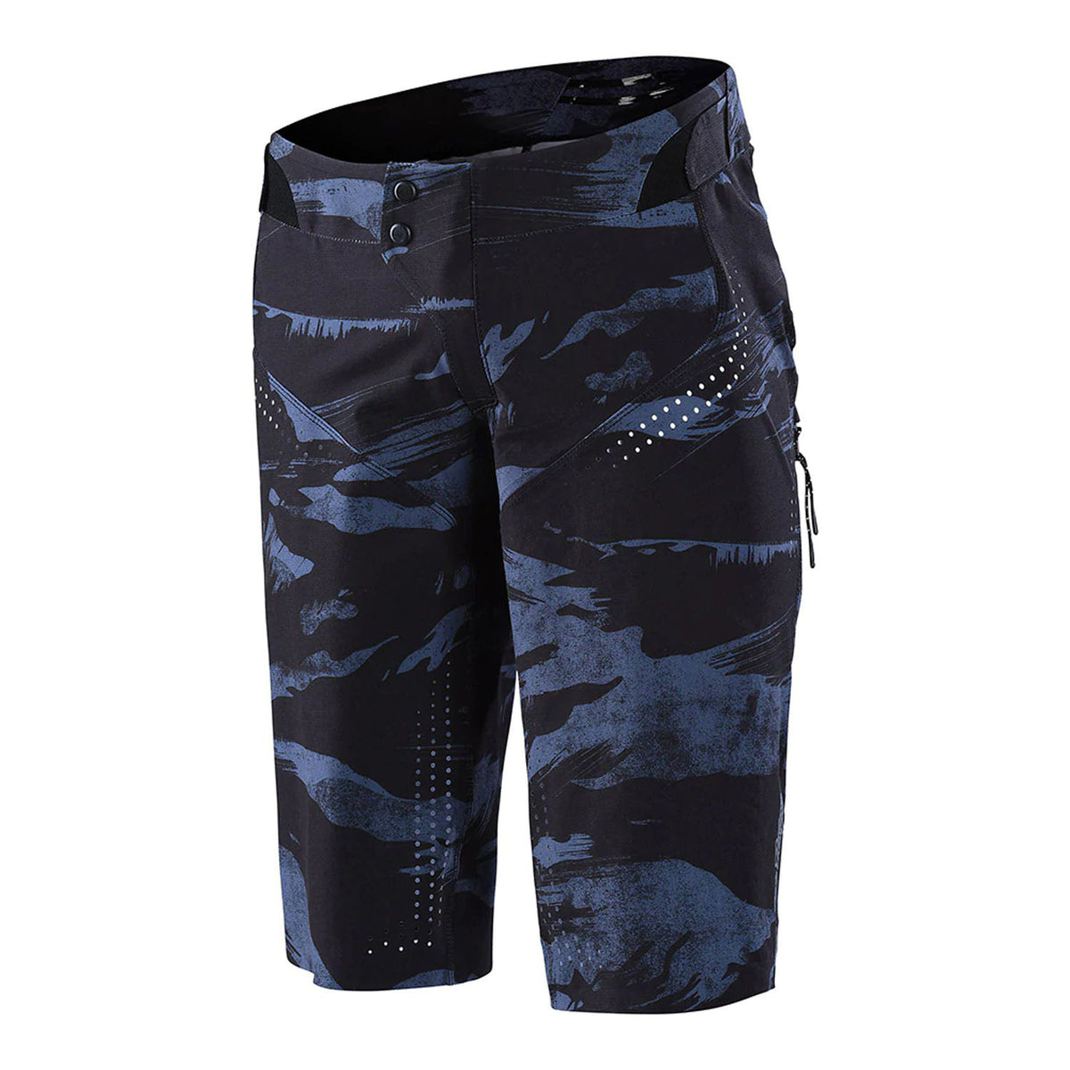 Black and blue graphic cycling shorts with belt loops and button closure