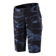 Black and blue graphic cycling shorts with belt loops and button closure