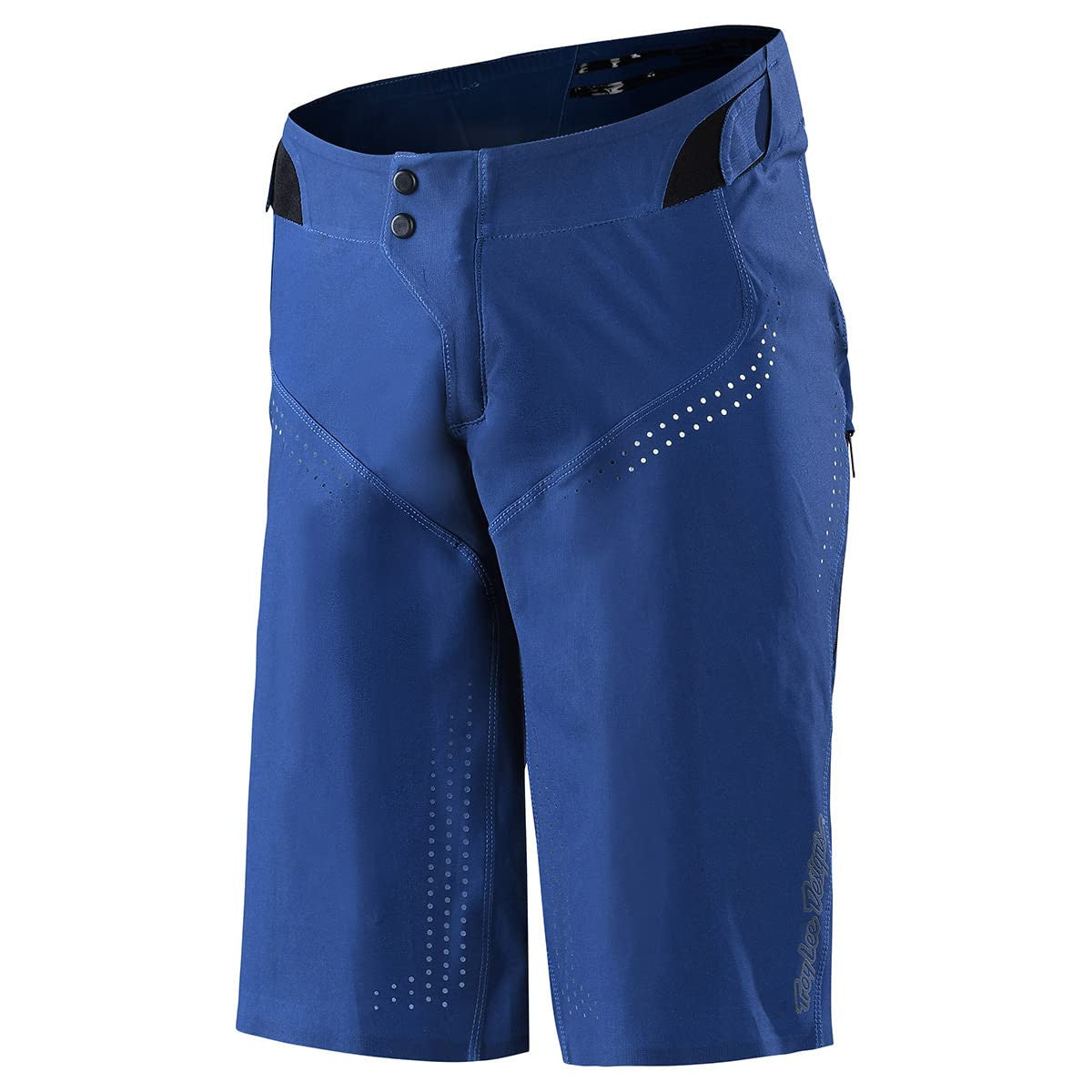Blue motocross riding shorts with button waist and dotted ventilation panels