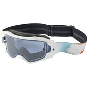 Multicolor ski goggles with white frame, tinted lenses, and black adjustable strap
