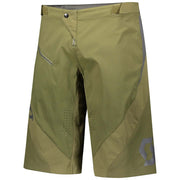 Green moss trail shorts with zipper fly, button waist, side pockets, perforated vents