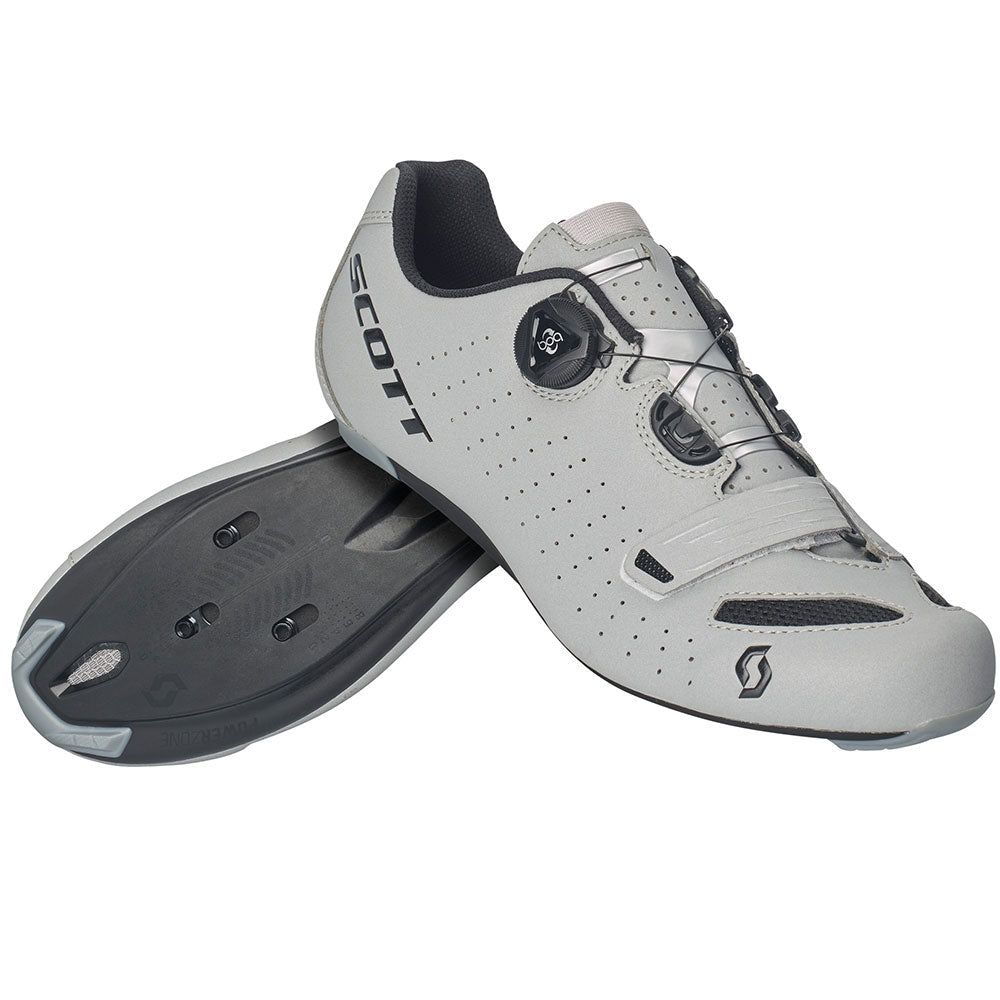Light gray and black cycling shoe with BOA dial and perforated upper