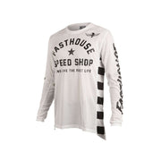White youth long-sleeve mesh jersey with front graphic and crew neck