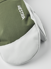 Olive green and white Hestra ski mittens with embroidered logo on the back
