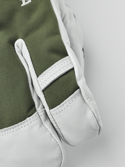 Olive green 3-finger ski gloves with white leather palm and padded wrist panel