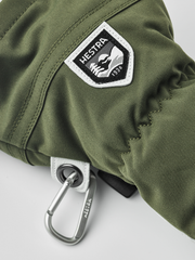 Olive Hestra ski glove with logo patch and metal carabiner-style clip