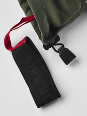 Olive green 3-finger ski gloves with black wrist strap and key clip