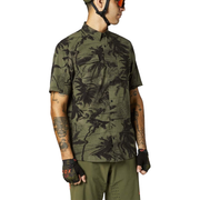 Olive green short-sleeve woven button-up shirt with dark palm print