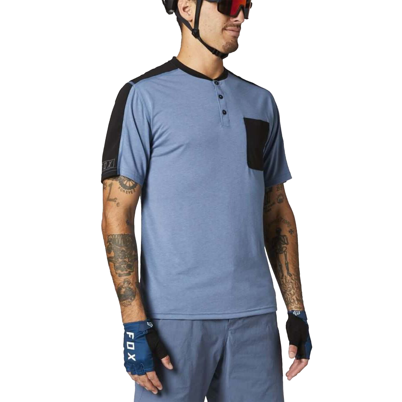 Blue short-sleeve henley shirt with button placket and dark side pocket panel