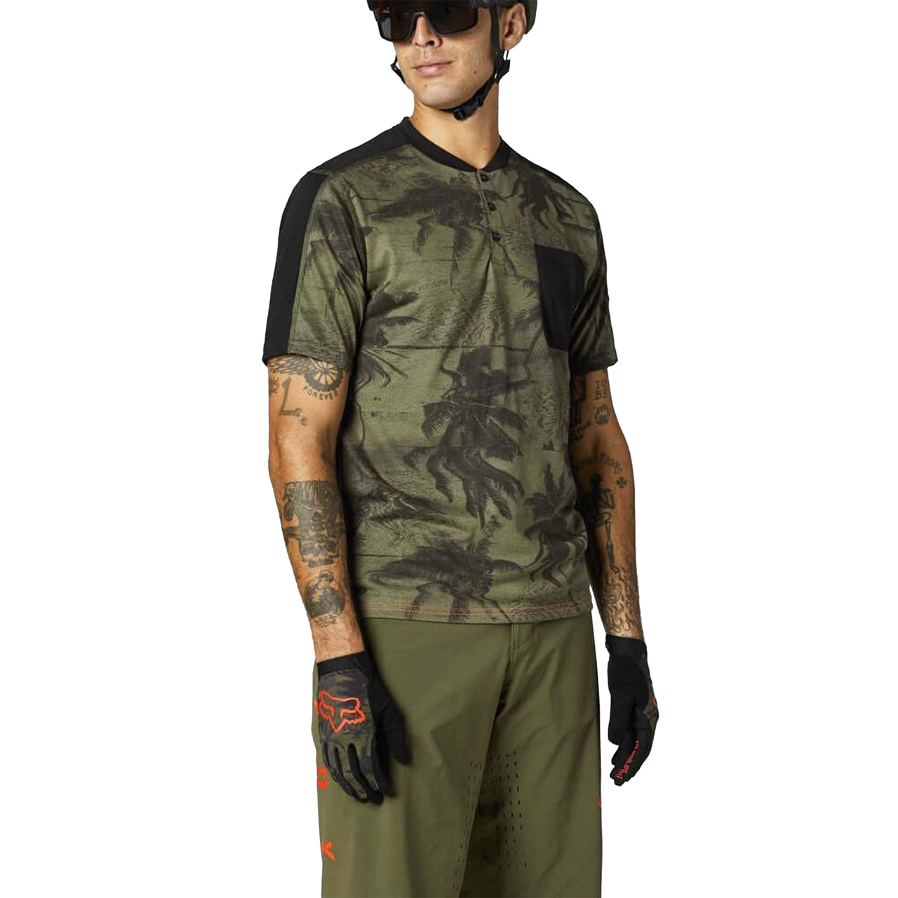 Olive camo short-sleeve henley with button placket and black side pocket panel