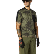 Olive camo short-sleeve henley with button placket and black side pocket panel