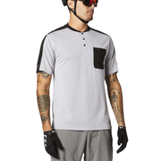 Light gray/white short-sleeve henley with button placket and dark side pocket panel