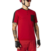 Red short-sleeve henley with button placket and black side pocket panel