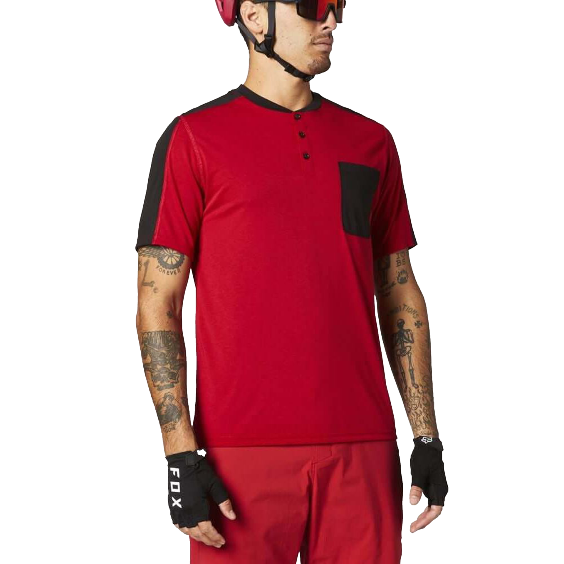 Red short-sleeve henley with button placket and black side pocket panel