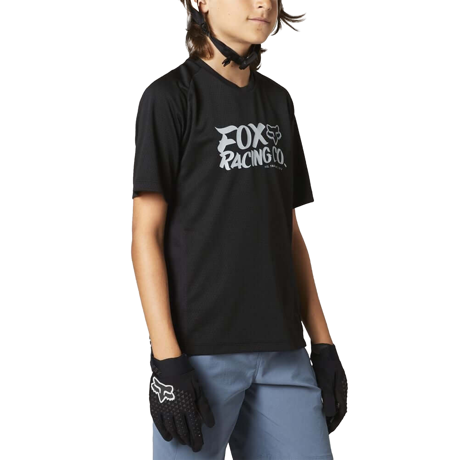 Black youth short-sleeve MTB jersey with Fox Racing Co logo