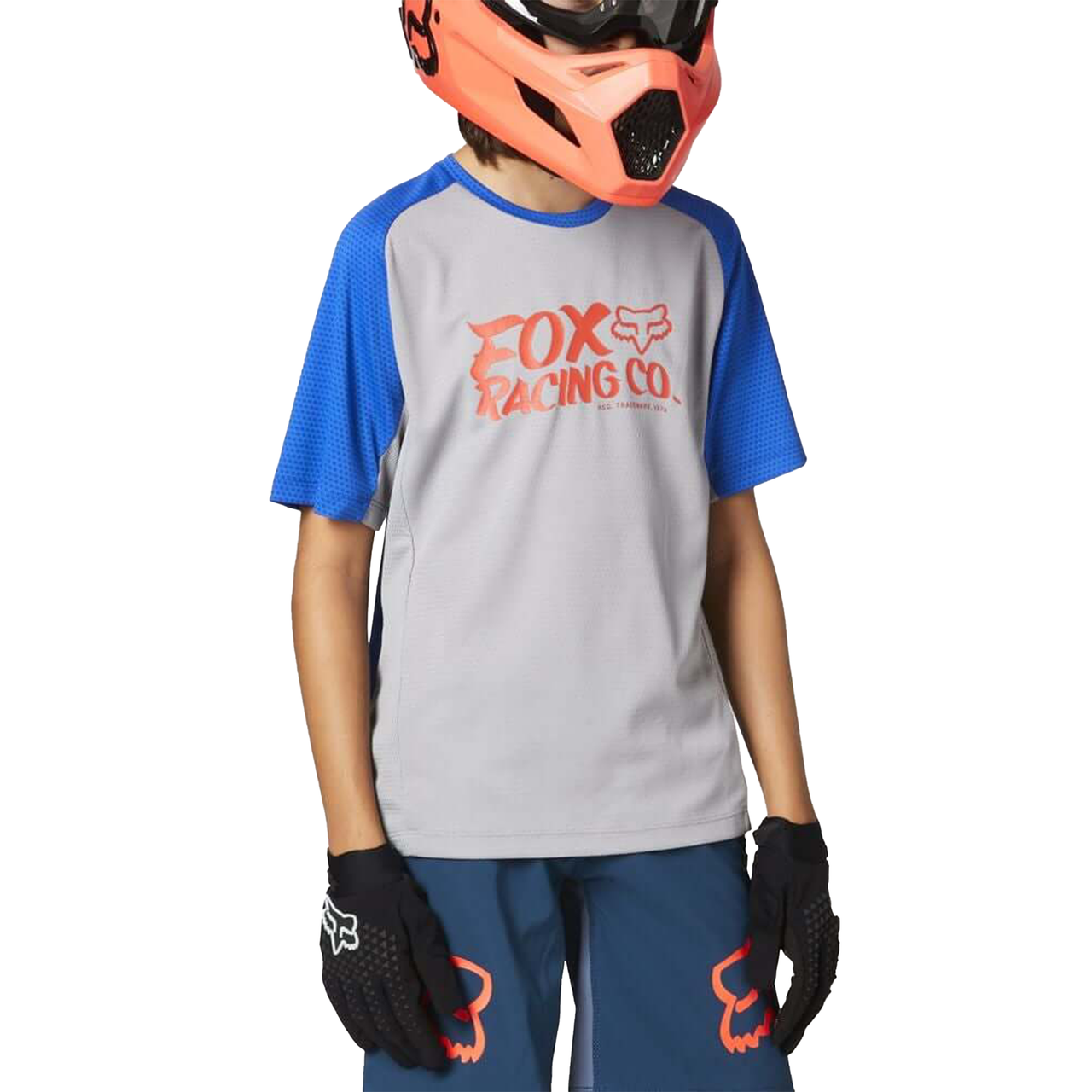 Steel grey youth short-sleeve jersey with blue sleeves and Fox Racing Co logo