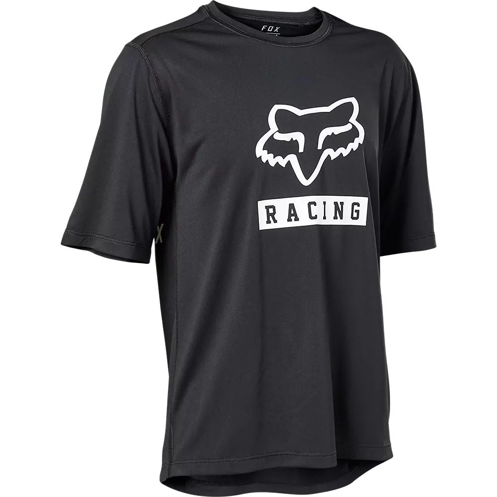 Youth short-sleeve jersey in dark black with white FOX Racing chest logo.