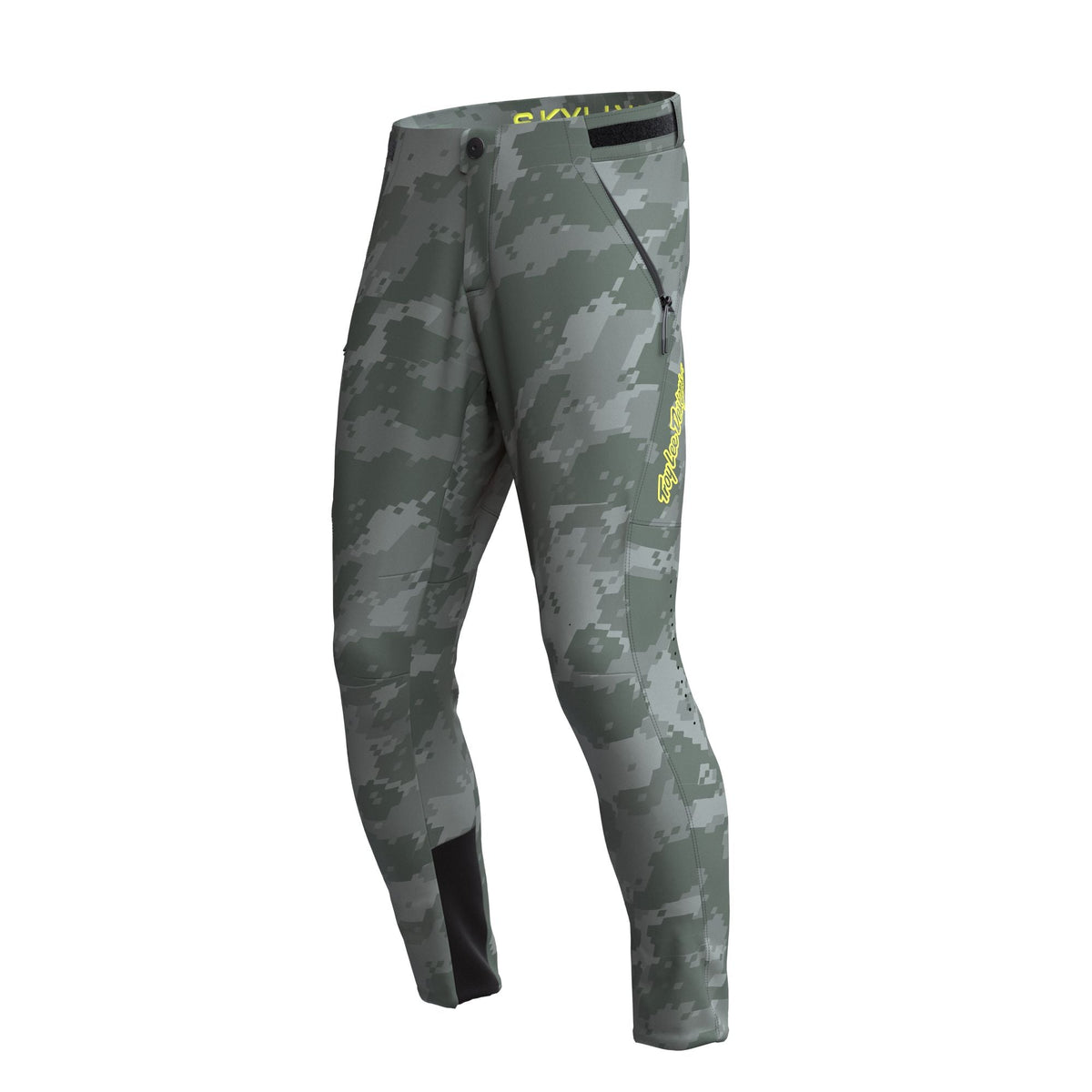 Youth digi camo motocross pants, dark gray/green with logo branding, slim fit.