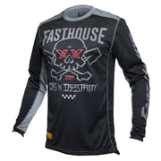 Black long-sleeve jersey with gray side panels and skull graphic, red accents