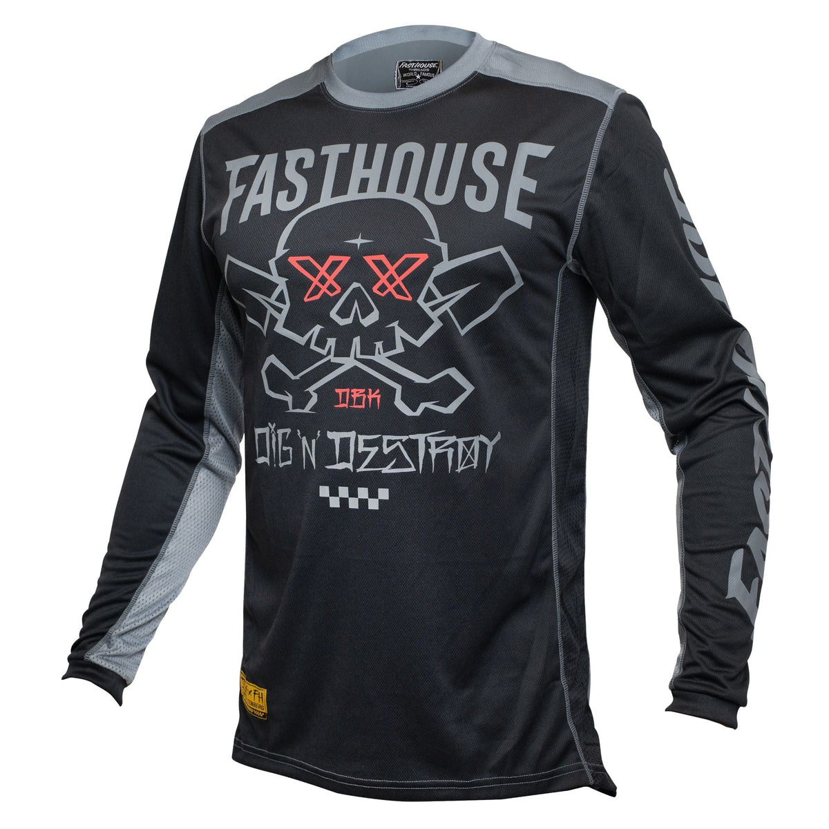 Black long-sleeve jersey with gray side panels and skull graphic, red accents