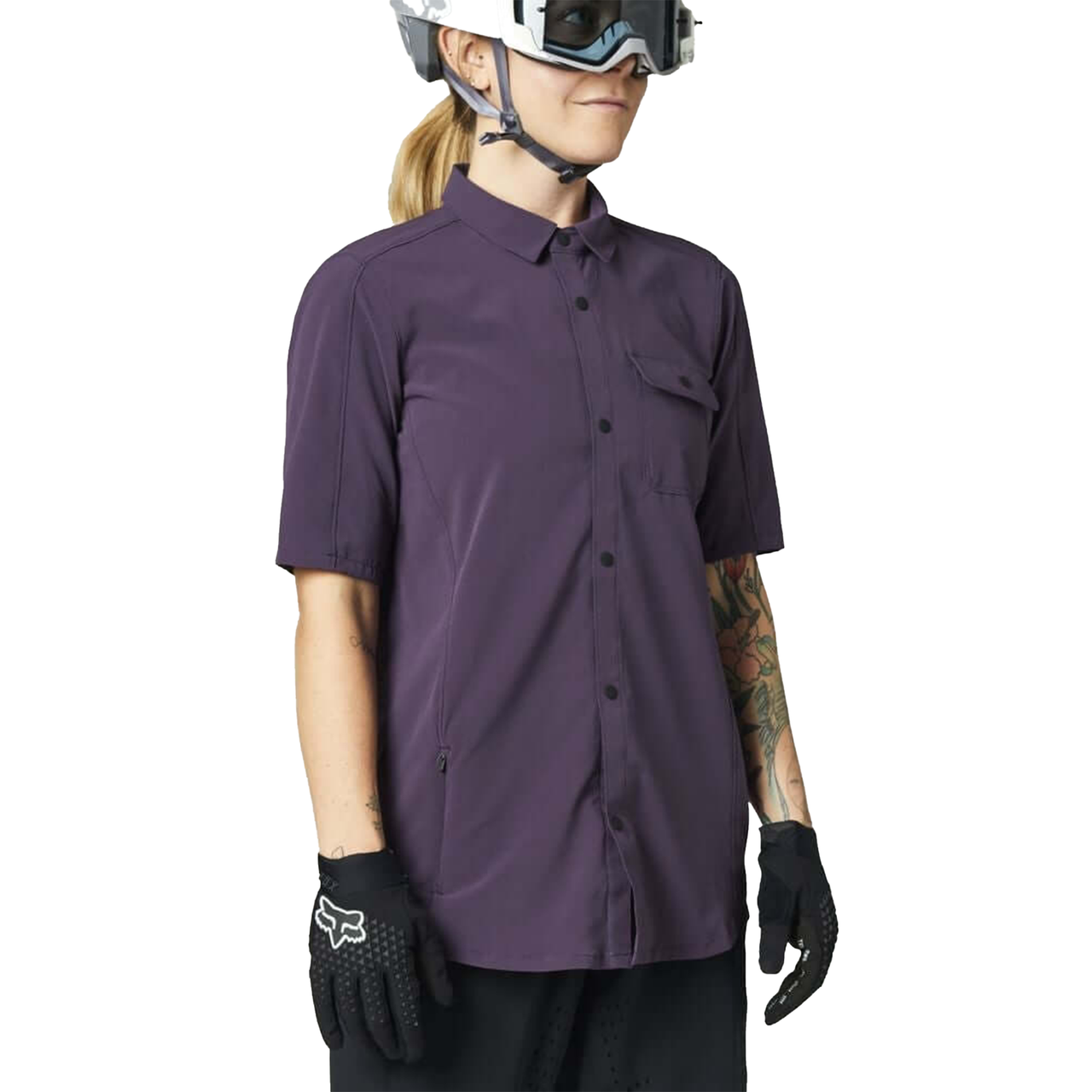 Women’s dark purple woven short-sleeve button-up shirt with chest pocket